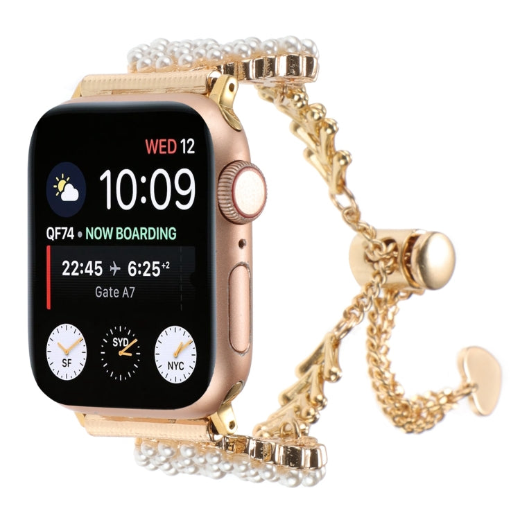 For Apple Watch Series 44mm Pearl Round Zinc Alloy Chain Metal Watch  Band(Gold)