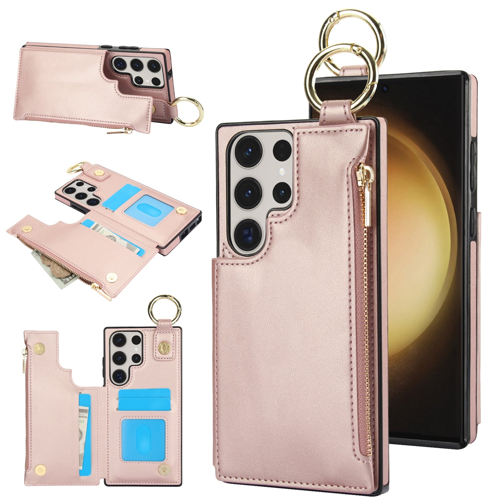 For Samsung Galaxy S23 Ultra 5G RFlD Anti-theft Double Buckle Ring Zipper Card Phone Case(Rose Gold)