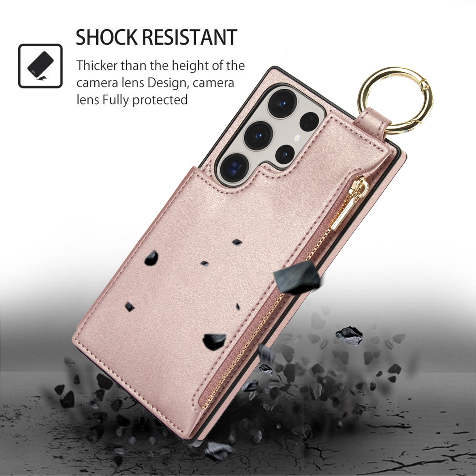 For Samsung Galaxy S23 Ultra 5G RFlD Anti-theft Double Buckle Ring Zipper Card Phone Case(Rose Gold)