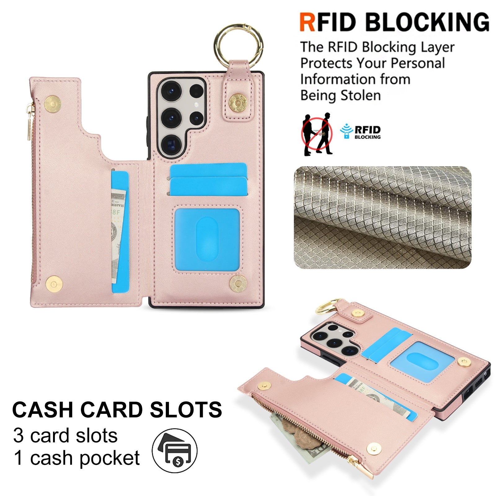 For Samsung Galaxy S23 Ultra 5G RFlD Anti-theft Double Buckle Ring Zipper Card Phone Case(Rose Gold)