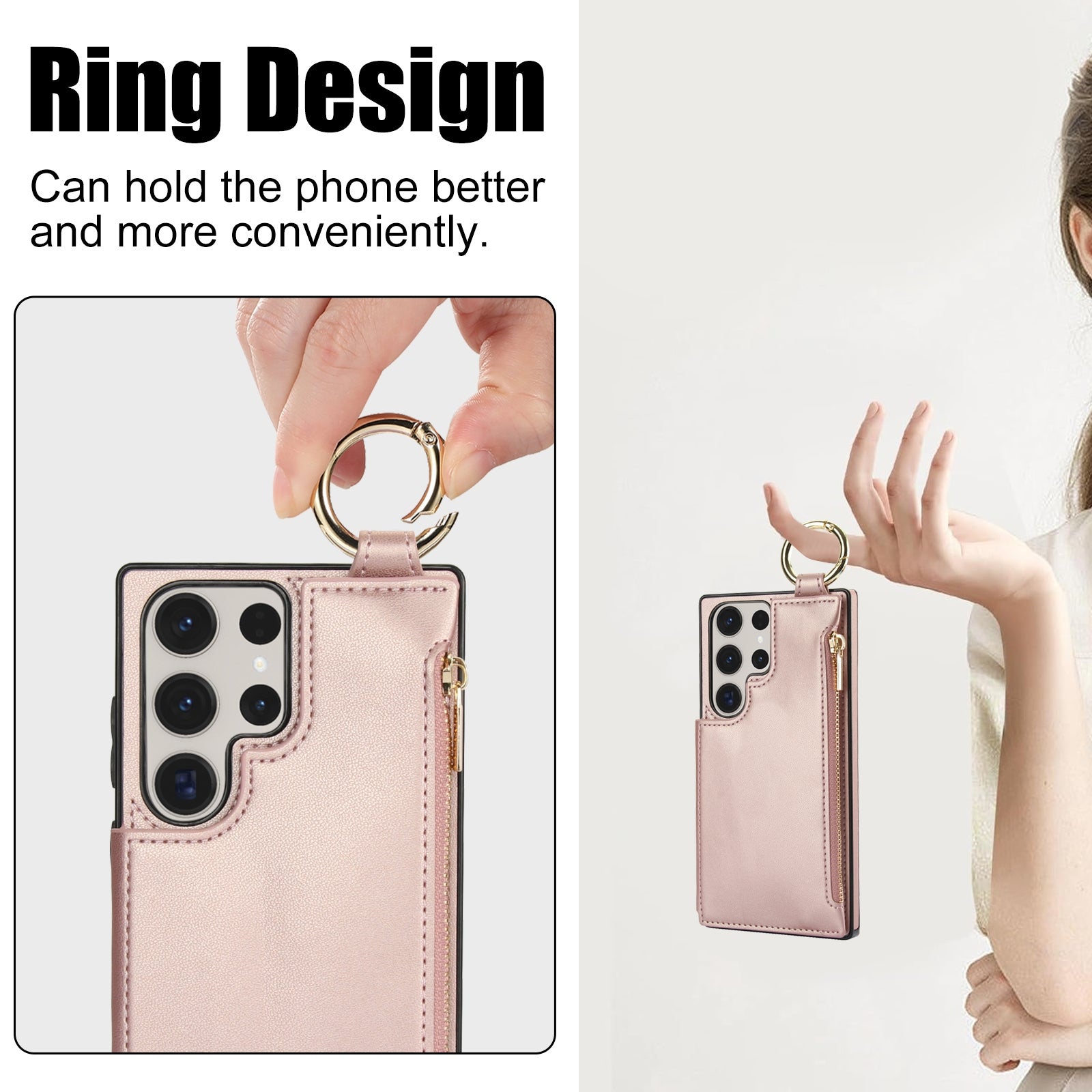 For Samsung Galaxy S23 Ultra 5G RFlD Anti-theft Double Buckle Ring Zipper Card Phone Case(Rose Gold)