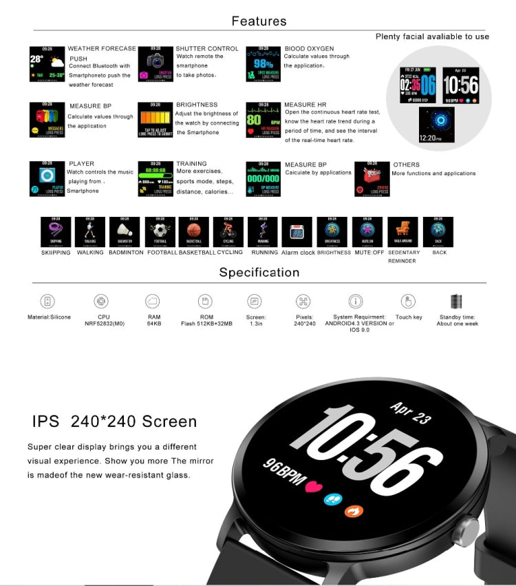 V11 Smartwatch Real-time Heart Rate Blood Pressure Monitor Multi-sport